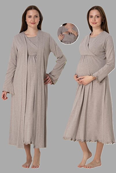LOHOUSE Kadın Bej Uzun Kol Tam Boy Sabahlıklı Kruvaze Lohusa Hamile Gecelik-S...