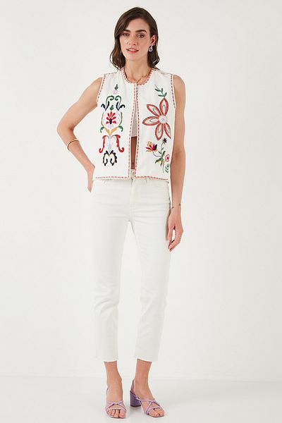 Lela Cotton Regular Fit Floral Embroidery Embroidered Vest Vest 676292