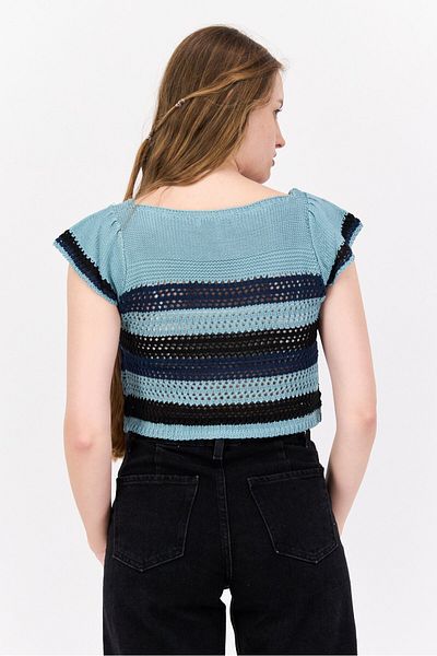 Bcbgeneration Women Square Neck Short Sleeves Knitted Top, Teal Blue