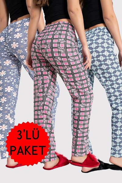 DONEX 3 Pack Two Yarn Fabric Ribbon Waist Detail Printed Women's Sleepwear Bottom Pack Without Pockets