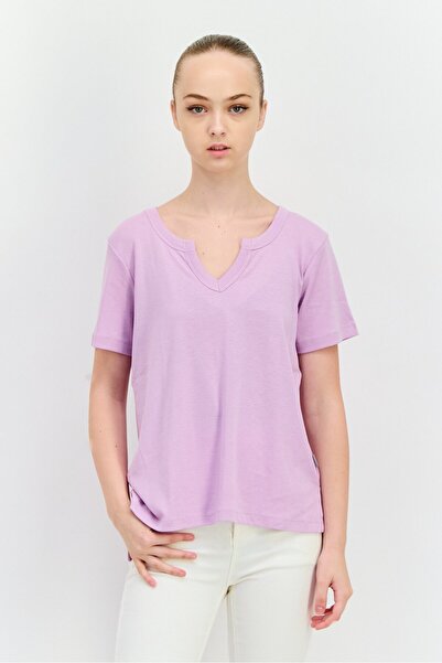Eddie Bauer Women Horseshoe Neckline Short Sleeve Solid T-Shirts, Purple