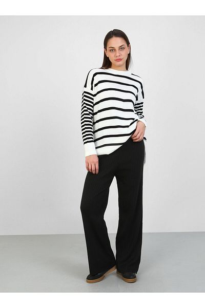 Por La Cara Ribbed and Elastic Waist Knitwear Loose Trousers - Black -