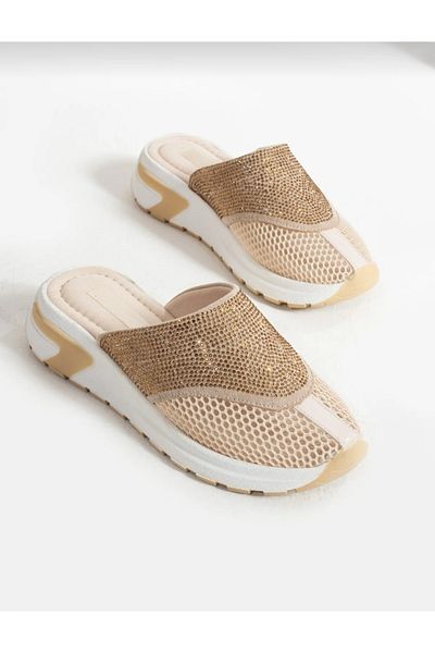 Eray Women's Beige Stone Detailed Mesh Summer Slippers