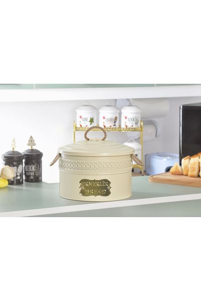 Evistro Metal Bread Bowl Bread Storage Box Patterned Cream