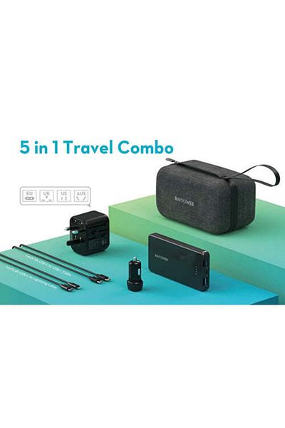 RavPower 5-in-1 Travel Charging Combo, 10000mAh Power Bank, 2 Cables, Travel & Car Charger