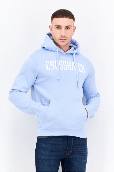 Crosshatch Men Brand Logo Long Sleeves Hooded Sweatshirt, Light Blue