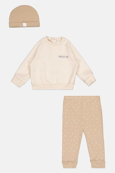 Lily & Jack Toddlers Girl 3 Piece Graphic Print Sweatshirt And Sweatpants With Beannie Set, Beige Combo