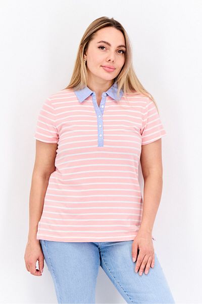 Nautica Women Spread Collar Short Sleeve Stripe Polo Shirt, Pink Combo