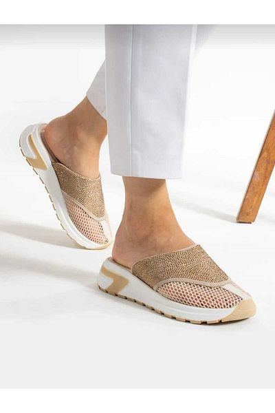 Eray Women's Beige Stone Detailed Mesh Summer Slippers
