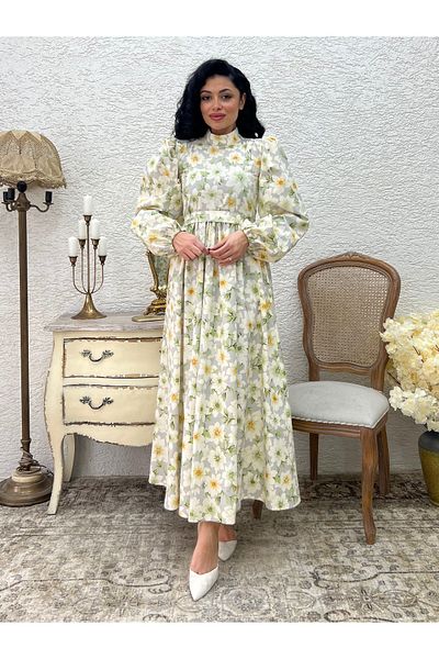 KÜÇÜĞÜM BUTİK Φόρεμα Hijab Green Azalea Flower Long Flared