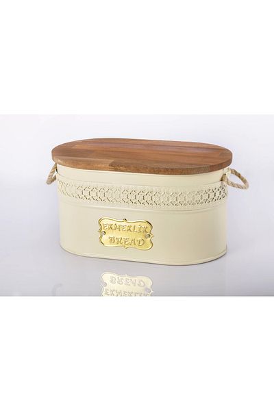 Evistro Metal Bread Bowl with Wooden Lid and Wicker Handle Bread Box Cream