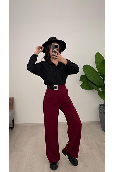 Nazline Women's Leather Detailed Pleated Long Double Fabric Wide Leg Pants
