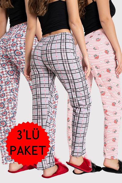 DONEX 3 Pack Two Yarn Fabric Ribbon Waist Detail Printed Women's Sleepwear Bottom Pack Without Pockets