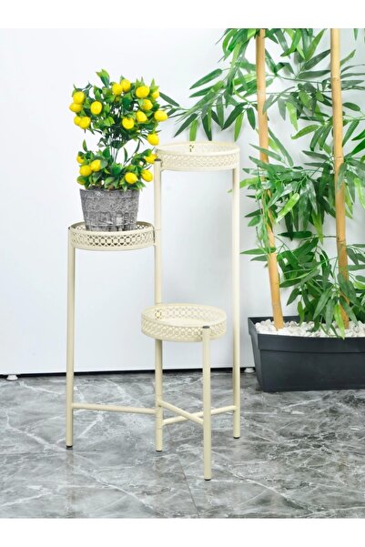 Evistro Dekoratif Ferforje 3 Katlı Çiçeklik Saksılık Krem