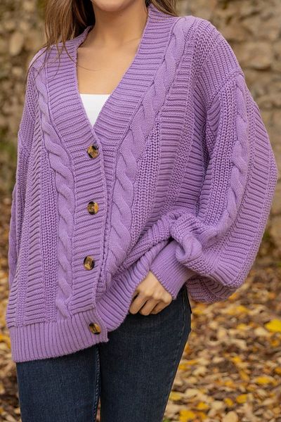 citystyle Cardigan de tricotaj liliac casual cu mâneci cu balon împletit pentru femei