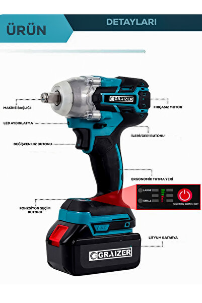 Graizer Alman 598 V 20 Ah Akülü Somun Bijon Sökme Takma Sikma Makinesi Matkap Akülü Vidalama Kömürsüz Motor