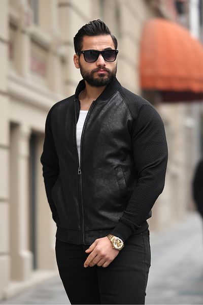 S&M CLOTHİNG New Season Men's Sleeve Knitting Detail Napa Leather Jacket