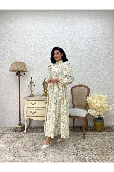KÜÇÜĞÜM BUTİK Φόρεμα Hijab Green Azalea Flower Long Flared