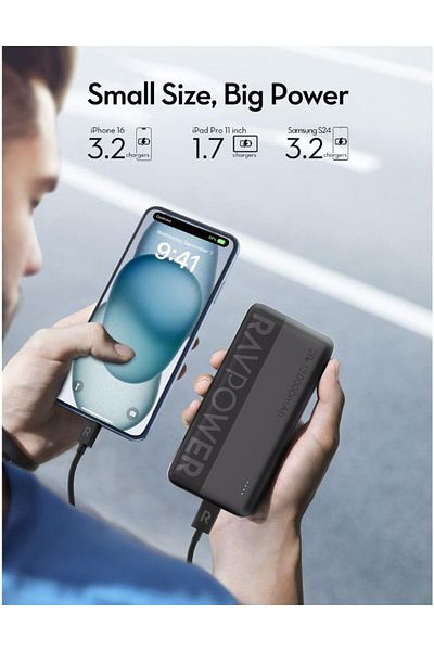 RavPower PD 20W 20000mAh 3-Port Power Bank, Fast Charging, Universal Compatibility, Black