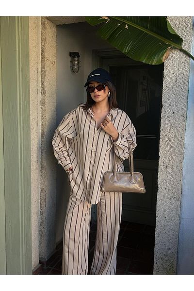 minaaise Women's Beige Striped Wide Cut Viscose Fabric Shirt and Pants Bottom/Top Suit 29046