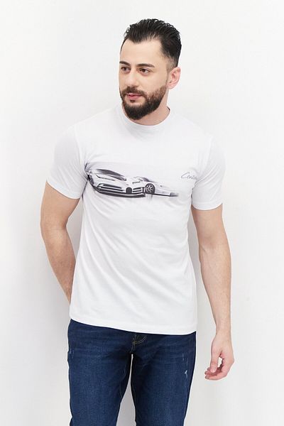 BUGATTI Men Crew Neck Short Sleeve Graphic Printed T-shirt, White