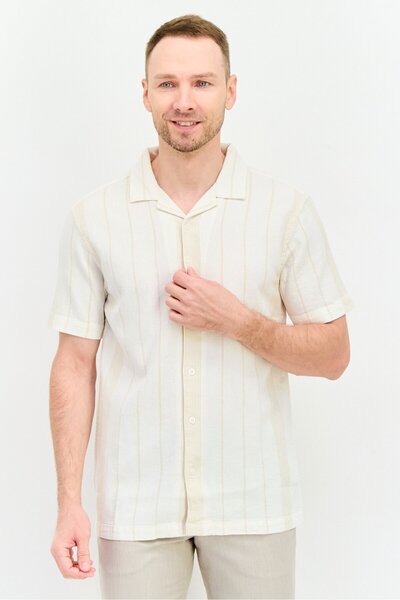 Algspar Men Regular Fit Stripe Short Sleeves Casual Shirt, Off White