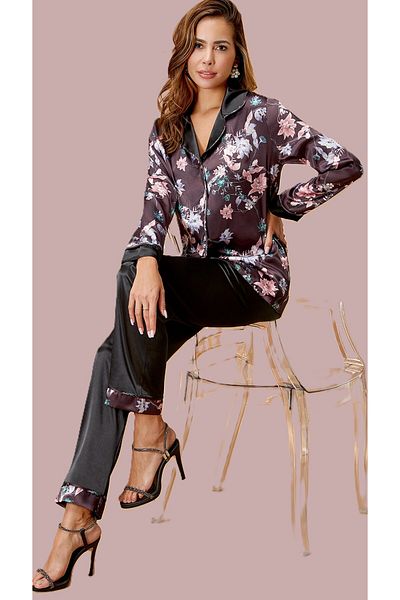 Loule Set pijama neagră imprimată pentru femei din satin L.N0.U1.RT.09