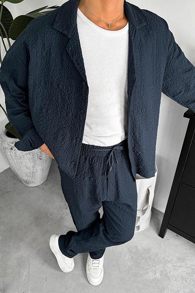 HAFKAGİYİM Тъмносиня риза с текстурирана вафла Premium Oversize
