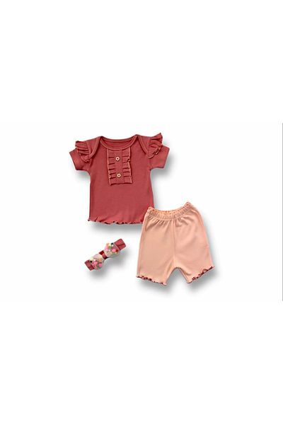 emosavm Dried Rose 3-Piece Sweat Set for Baby Girl - Short Sleeve with Button Detail and Bandana