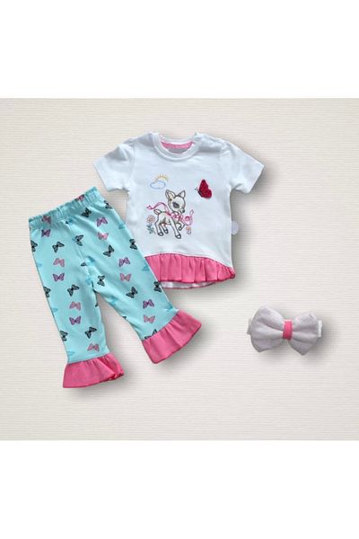 emosavm Mint Green 3-Piece Sweat Set for Baby Girl - Gazelle's Dream Printed, Short Sleeve