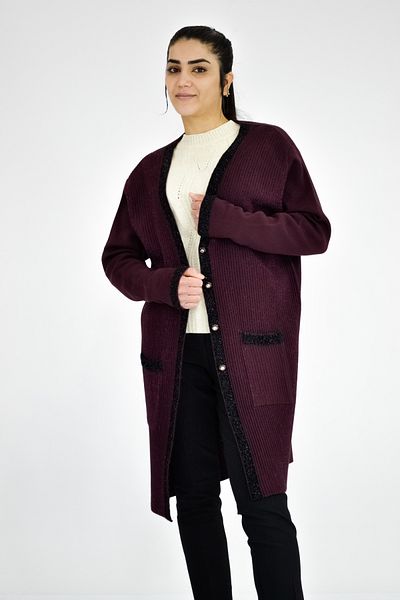 Tuğra Glitter Detailed Knitwear Long Jacket