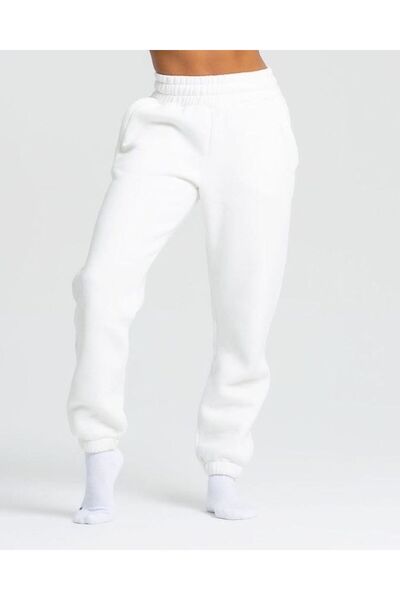THE WHITE Γυναικείο λευκό ελαστικό παντελόνι επένδυση fleece με βαμβακερή επένδυση
