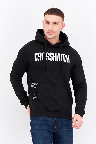 Crosshatch Men Hooded Brand Logo Long Sleeves Sweatshirt, Black