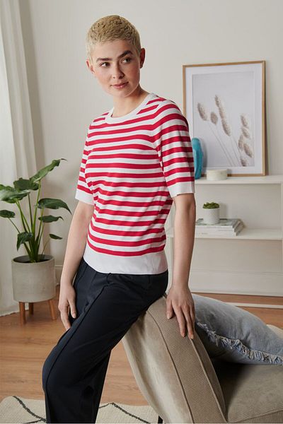 Tchibo Women Round Neck Short Sleeve Stripe Top, White