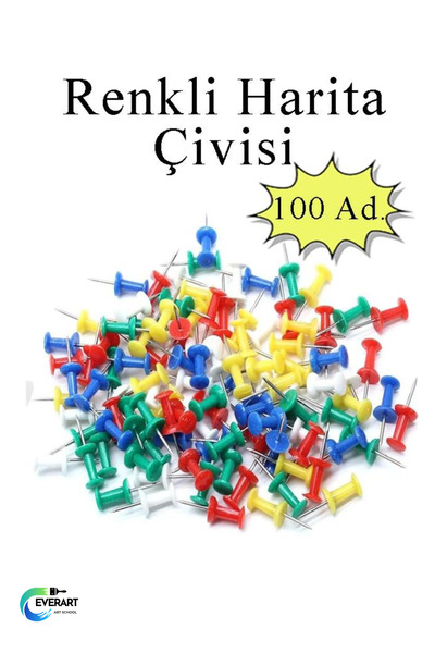 everart Harita Çivisi Renkli 100 lü 1 Paket Renkli Mantar Pano Raptiyesi Pano İğnesi Ofis Okul Büro Renkli