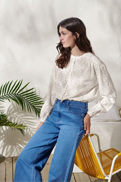 Tchibo Women Mock Neck Long Sleeve Embroidery Blouse, Ivory