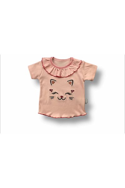 emosavm Vip Cat Printed Bandana Short Sleeve Sweat 3 Piece Baby Girl Set Powder