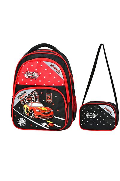 Linea Waddell 3 Compartment Primary School and Lunch Box - Race Car Red-Black 5014