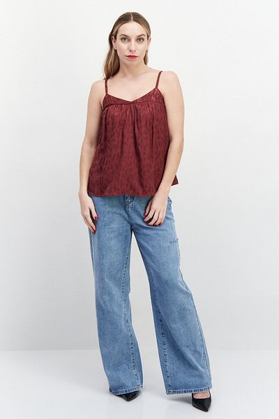 PROMOD Women Tie Neck Sleeveless Allover Print Tank Top, Maroon