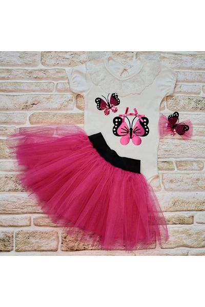 emosavm Fuchsia Baby Girl Set - Petli Butterfly Embroidered, Crowned Short Sleeve Tutu Skirt Set of 3