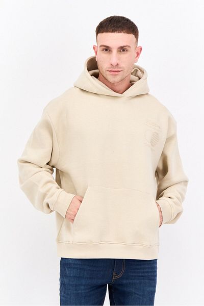 Fudo Men Brand Logo Long Sleeves Hooded Sweatshirt, Beige