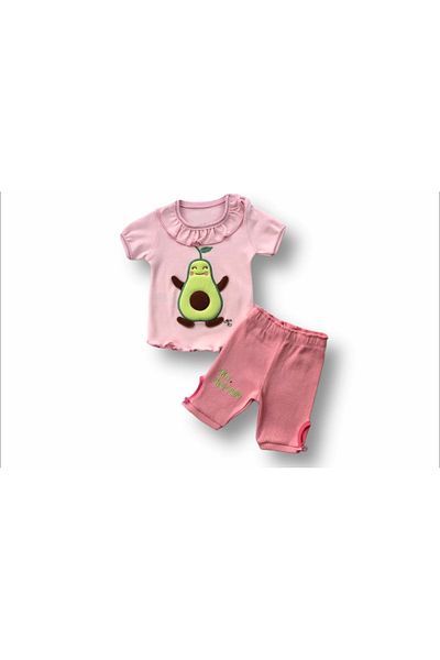emosavm Avocado Embroidered Short Sleeve Sweat and Shorts 2-Piece Baby Girl-Boy Set Pink