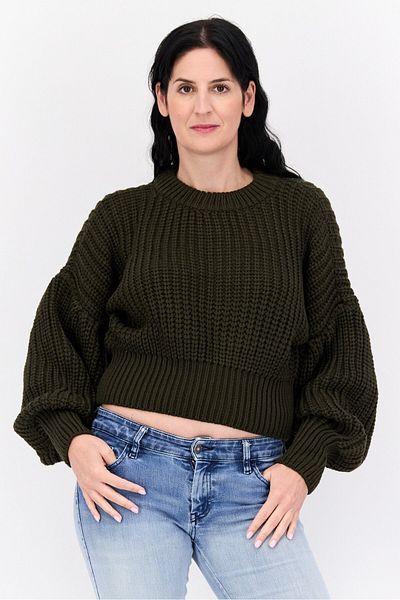 En Saison Women Crew Neck Ribbed Knit Sweater, Olive