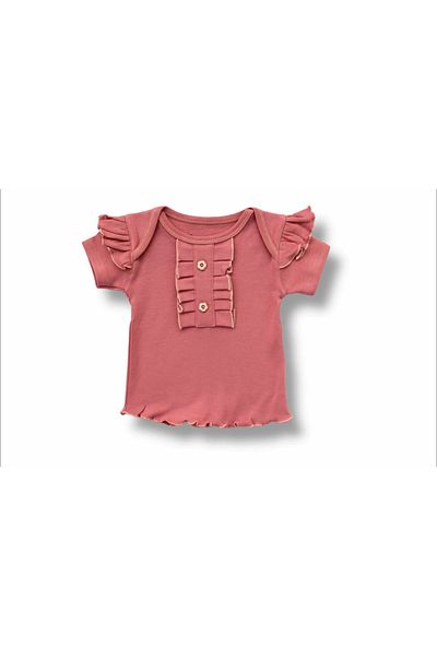emosavm Dried Rose 3-Piece Sweat Set for Baby Girl - Short Sleeve with Button Detail and Bandana