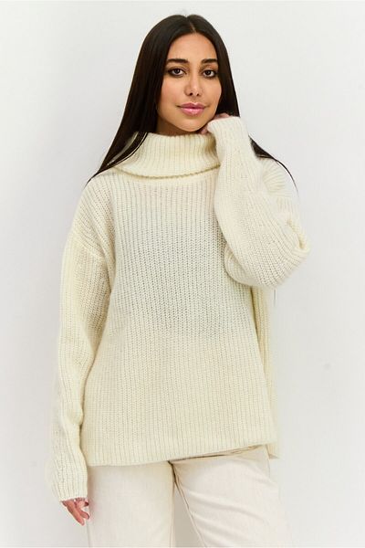 BOSS Women High Neck Knitted Long Sleeves Sweater, Off White