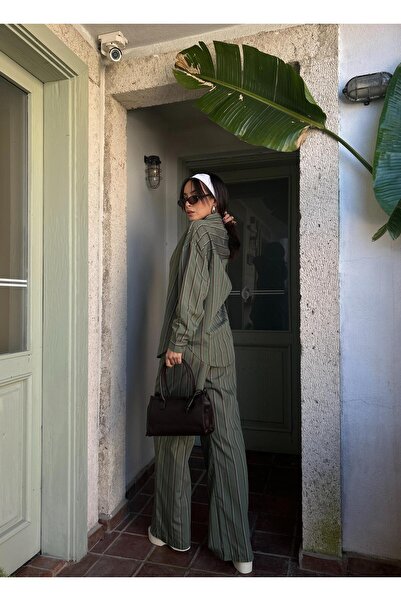 minaaise Női zöld csíkos széles vágású viszkóz szövet ing és nadrág alsó/felső szett 29046