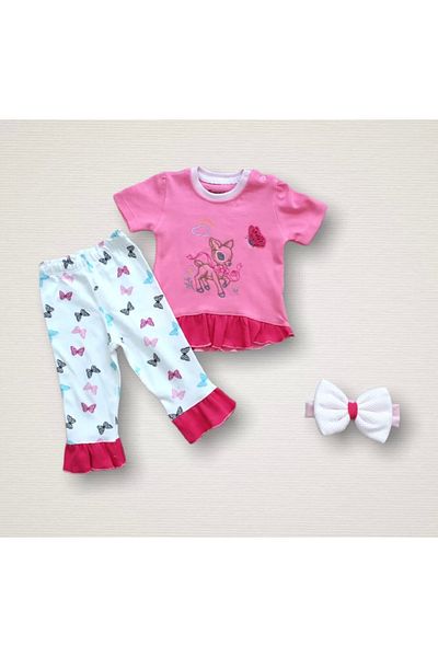 emosavm Pink 3-Piece Baby Girl Set - Gazelle's Dream Printed, Bandana, Short Sleeve Sweat