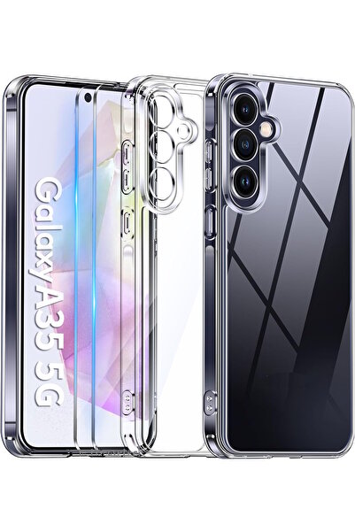 m.tk moveteck Samsung Galaxy A35 Kılıf Kamera Çıkıntılı Korumalı Yumuşak Şeffaf Silikon +9h Ekran Koruyucu Cam Set