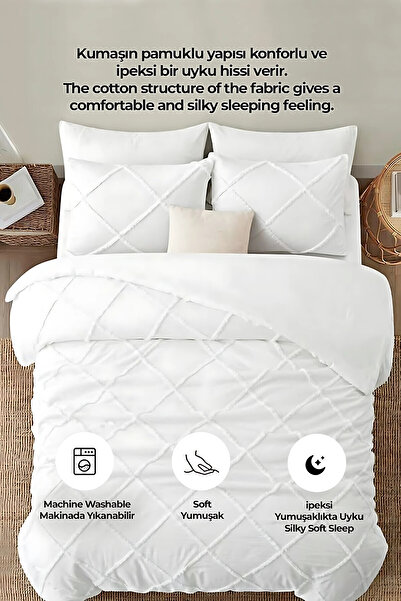 Evlen Home Collection Pamuklu Aimar Kabartmalı Yatak Örtüsü Takımı Günlük Çift Kişilik Boho 3 Parça Dolgulu Krem Beyaz