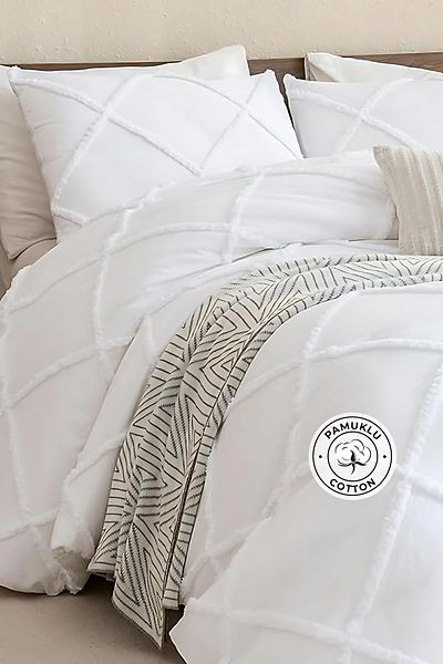 Evlen Home Collection طقم سرير كاجوال مزدوج - قطن، منقوش Aimar، 3 قطع، مبطن، أبيض كريمي